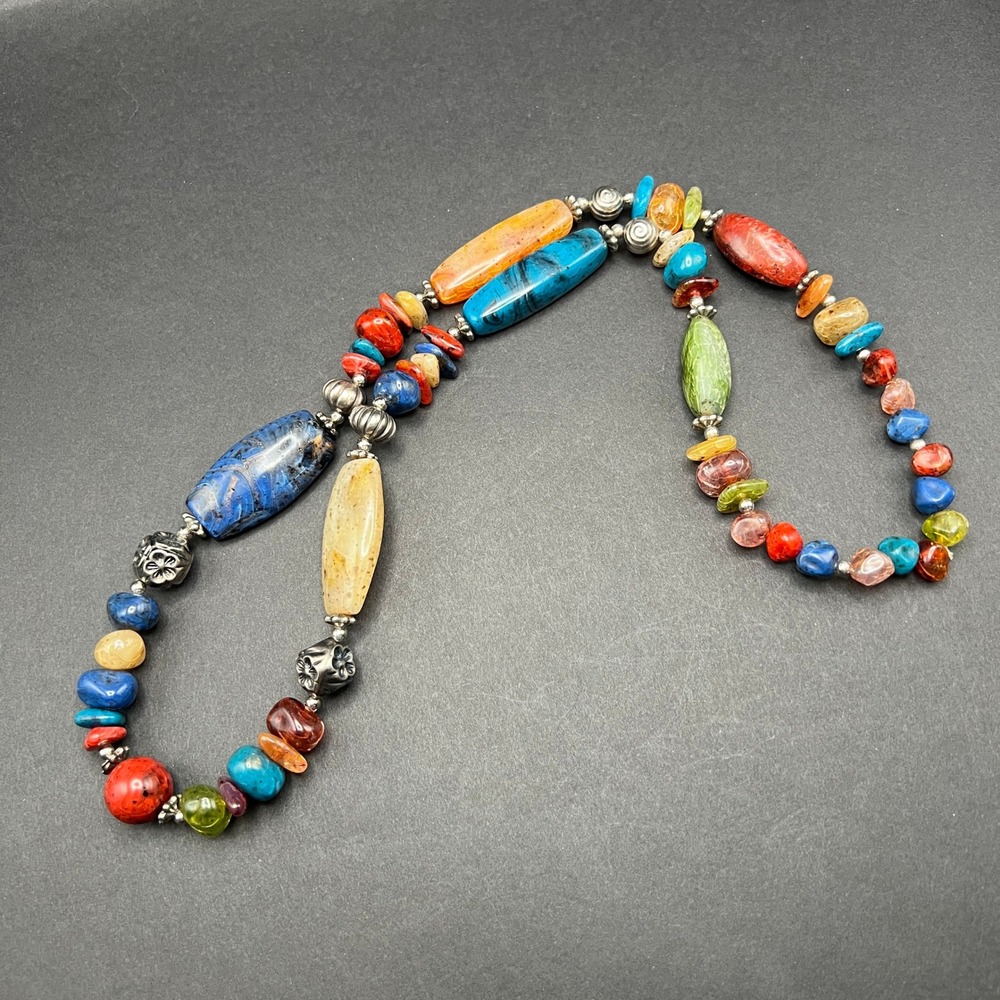 Chunky Beaded Necklace Multicolor Resin Crackle Boho Statement Eclectic